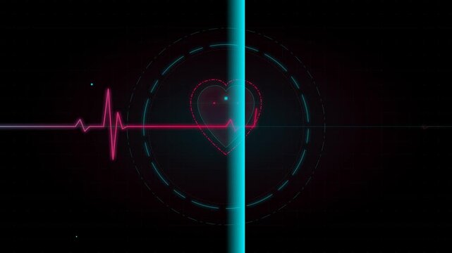 Futuristic digital hologram of a red heart symbol with an active ECG pulse line and circular HUD interface elements on a dark technical grid background in cyberpunk style.