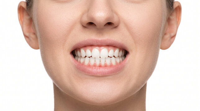Young white woman with pronounced underbite and clean white teeth for orthodontic treatment dental awareness jaw alignment smile correction and healthcare