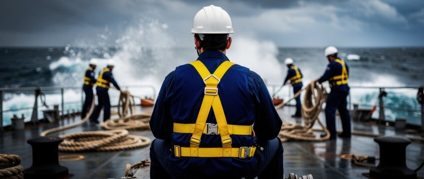 Sailor in safety gear watches crew working on ship deck during rough seas. Maritime team managing ropes amidst splashing ocean waves. Industrial offshore safety concept for marine logistics.