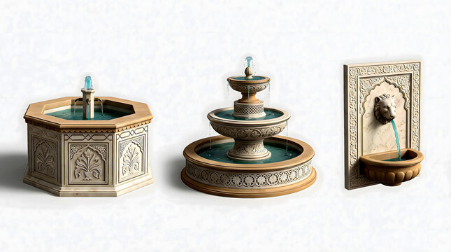 Three ornate fountains with flowing water are displayed on a light gray surface fountain waterfeature waterfeatures tieredfountain octagonalfountain wallfountain
