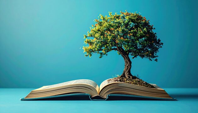 Open book with stylized tree representing knowledge and education, colorful blue background, creative commercial concept