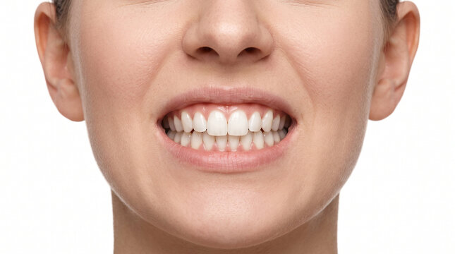 Young white woman with pronounced overbite and clean white teeth for orthodontic treatment dental awareness smile correction and bite alignment
