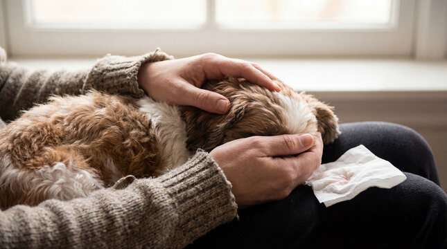 Dog receiving veterinary care in veterinary clinic, realistic animal lifestyle scene exploring animal behavior, responsible care, companionship, wellbeing, humane values, education, modern lifestyle