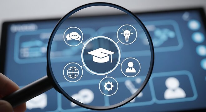 Educational technology icons under magnifying glass, digital learning interface on tablet screen, online graduation and study concept