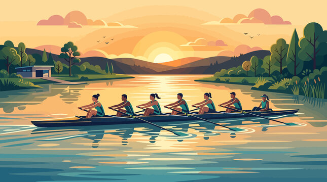 Rowing crew team paddling scull boat on calm river at golden sunrise