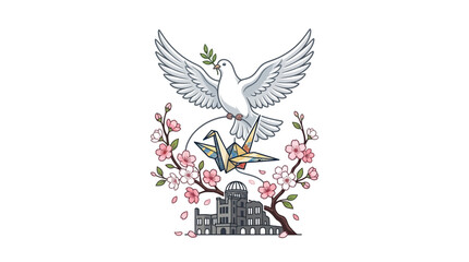 Naklejka premium Dove with olive branch, origami crane, cherry blossoms, and atomic bomb dome.
