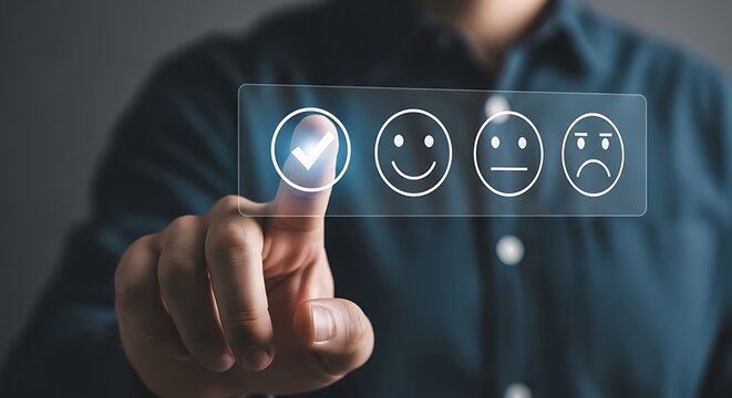 Customer satisfaction survey with digital emoji icons, businessman selecting excellent rating on virtual screen, feedback and service quality concept