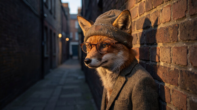 Fox wearing clothes in city street, creative anthropomorphic lifestyle scene exploring animal behavior, responsible care, companionship, wellbeing, humane values, education, modern lifestyle