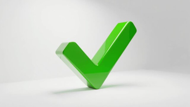Glossy green checkmark rotating slowly on minimalistic white background for business and success concept