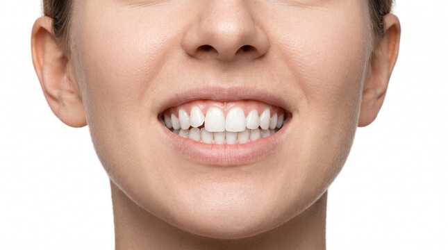 Young white woman with one clearly crooked upper front tooth for orthodontic treatment dental awareness smile correction and cosmetic dentistry education