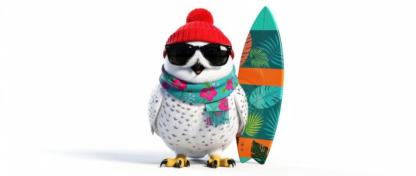 Cute snowy owl wearing winter gear and sunglasses standing with a surfboard. Funny character featuring a red hat and floral scarf isolated on white. Humorous summer vacation concept for marketing.