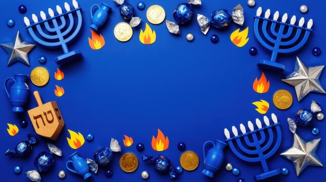 Hanukkah decorations border with menorahs and dreidel on blue background. Traditional Jewish holiday symbols including gold gelt and candy treats. Festive celebration with central copy space.