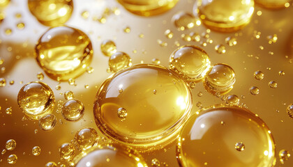 Fototapeta premium A close-up shot showcases a mesmerizing arrangement of golden droplets and bubbles, creating an abstract and visually captivating composition.