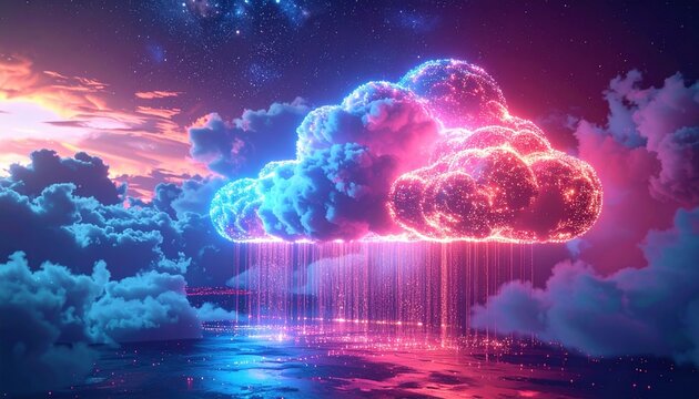 Abstract cloud computing concept with connected devices and luminous data streams