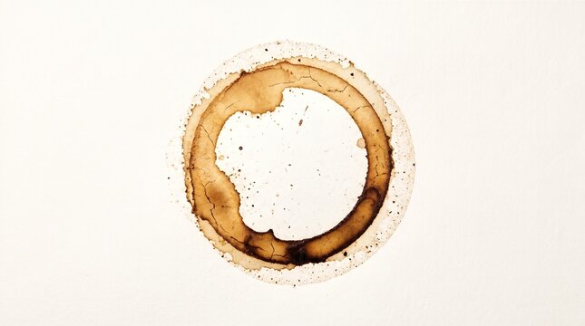 Organic coffee cup ring stain with dried texture on a minimalist white background