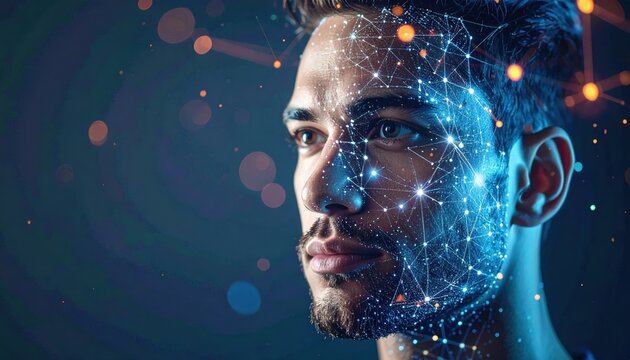 AI-generated virtual assistant represented by glowing human face made from digital particles, future communication