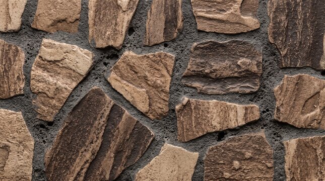 Rustic stone wall background featuring irregularly shaped brown and grey rocks with textured surfaces and dark mortar