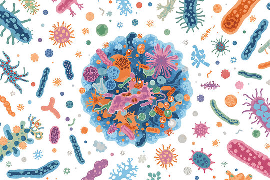 Colorful Microbes and Bacteria Pattern with Central Cell Structure Vector &ndash; Microscopic Biological Flora Illustration