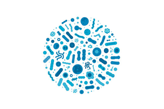 Blue Circular Bacteria and Microbe Pattern Vector Illustration &ndash; Round Gut Microbiome and Science Icon Set