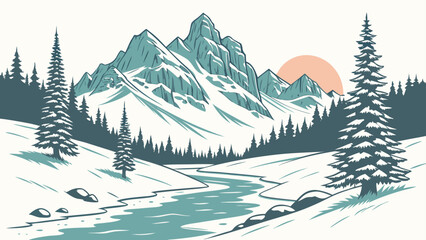Fototapeta premium Snowy mountain river landscape vector graphic with pine forest and sun, mountain