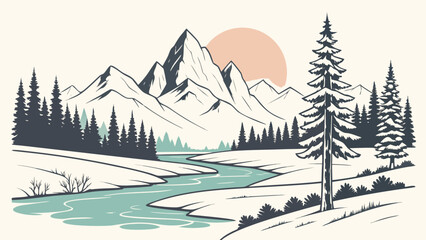 Fototapeta premium Winter mountain landscape vector graphic with river and pine trees, mountain