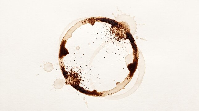 Brown coffee stain ring with splatters and coffee grounds on light paper