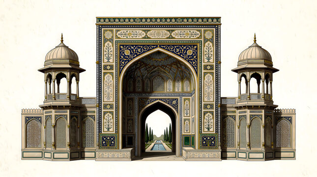 An ornate mughal gateway stands prominently showcasing intricate tilework and architectural details architecture islamic archway portal entrance historical monument