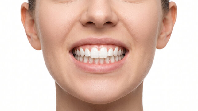 Young white woman with pronounced protruding upper front teeth and clean white enamel for orthodontic treatment dental awareness smile correction