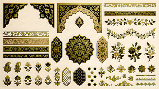 Intricate floral ornament collection showcases detailed arabesque patterns and ornamental botanical motifs in gold tones motif pattern design decorative