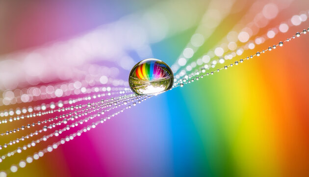 A mesmerizing macro photograph showcases a spherical dewdrop reflecting a vibrant rainbow spectrum across a delicate spiderweb, creating an ethereal and captivating visual.