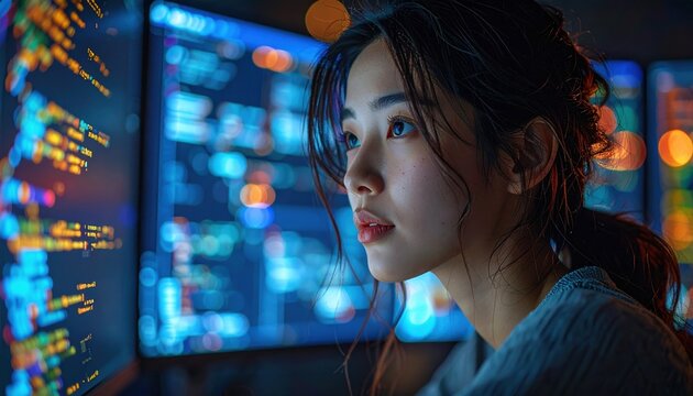 Female programmer working late at night with multiple screens and glowing code interfaces