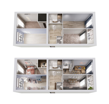 apartment layout in cross section 3d illustration with and without furniture and realistic lighting isolated png on a transparent background cutout (cross-section apartment, cutaway home interior)