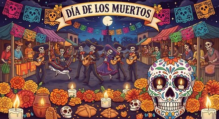 Fototapeta premium Day of the dead celebration with skeleton dancers and musicians