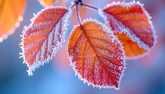 Close-up frosted leaves covered with tiny ice crystals, winter nature texture, macro photography