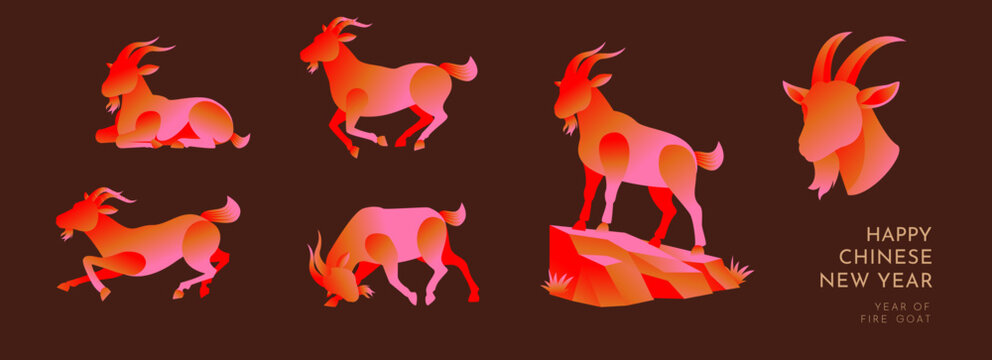 Chinese New Year 2027 festive greeting banner featuring colorful Fire Goat zodiac illustrations in dynamic poses on a dark red background. Editable Vector Illustration