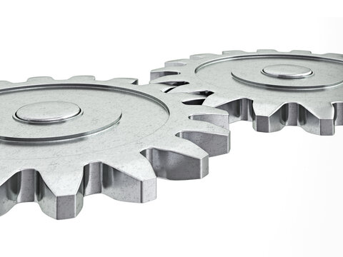 Scene featuring teamwork success cooperation partnership concept: gear cogwheels working together isolated on white