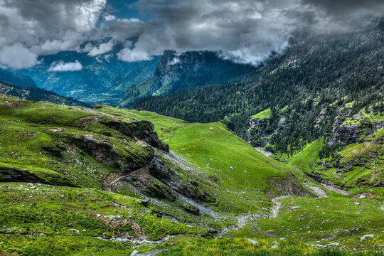 Mountain landscape in Himalayas in Kullu valley, Himachal Pradesh, India
