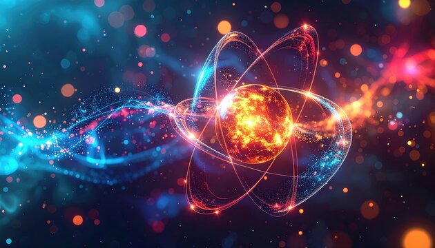 Futuristic atom visualization with colorful orbital particles, physics and scientific education concept