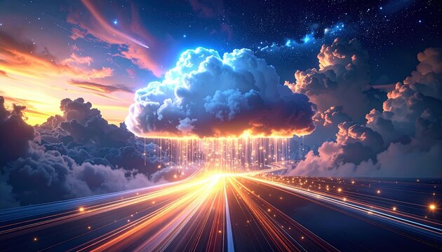Abstract cloud computing concept with connected devices and luminous data streams