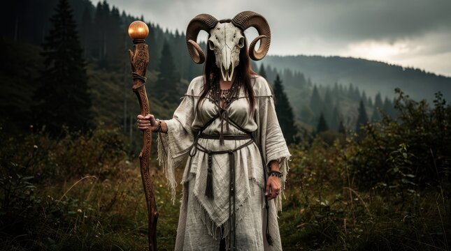 Shaman woman in ram skull mask holding runic staff in misty mountains. Druid priestess in ritual robes standing in dark forest. Pagan occult concept, ideal for fantasy covers and mysterious stories.