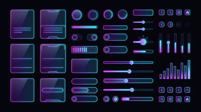 Futuristic Cyberpunk Glassmorphism UI Components Set with Neon Purple Sliders, Buttons, and Charts