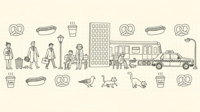 Hand-drawn city doodle with commuters and transport on grid paper. Features subway, taxi, people, and street food icons. Urban lifestyle concept for transit and city planning marketing.