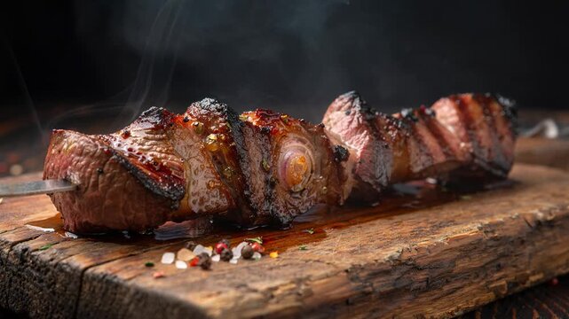 Sizzling skewer of juicy grilled beef with caramelized onions releasing fragrant smoky aroma