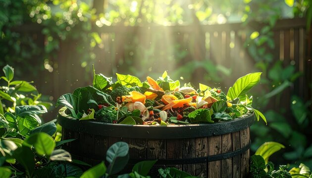 Composting concept with organic food scraps and green leaves in sustainable home environment