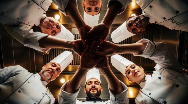 Diverse chefs stacking hands in a commercial kitchen. Professional culinary team showing unity before service. Restaurant leadership concept for hospitality marketing and recruitment.