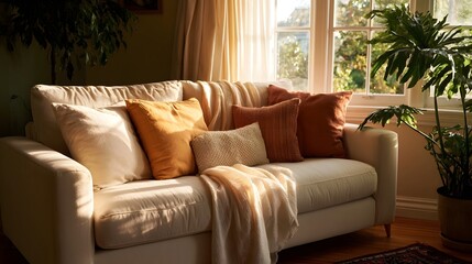 Fototapeta premium A cozy beige sofa adorned with colorful cushions and a draped blanket bathed in warm sunlight from a large window