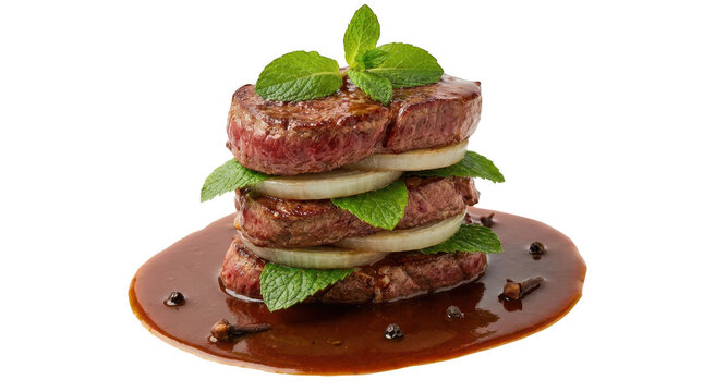 Stack of grilled steak with onion rings and mint leaves in sauce isolated on transparent background