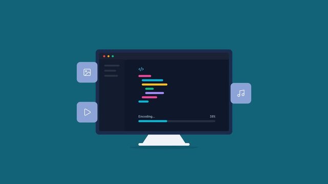 Computer monitor animation showing programming code typing with media icons floating on teal background for web development