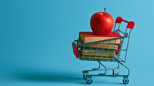 Back to school concept with shopping bags, books, and a red apple, isolated on blue background