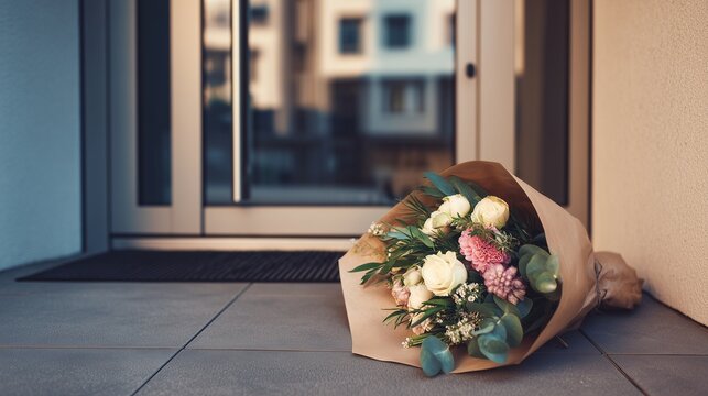 Beautiful flower bouquet wrapped in paper placed neatly on a rustic table